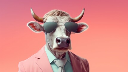 Wall Mural - imaginative animal idea. on a solid pastel background, a bull wearing sunglasses is posed for a comm