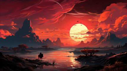 Wall Mural -  Landscape with the sun setting over it and a horse standing by a river