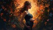 Pregnant woman holds her belly surrounded dreamlike flowers arch exudes joy of motherhood, radiating tenderness and femininity, profound connection between mother and her unborn child