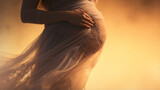 Fototapeta  - Close up view to woman hands gently cradling her pregnant belly amidst misty fog symbolizes tender connection between mother and her unborn child, tender joy of motherhood