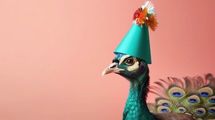 Wall Mural - imaginative animal idea. peacock bird isolated on a solid pastel backdrop with copy text space weari