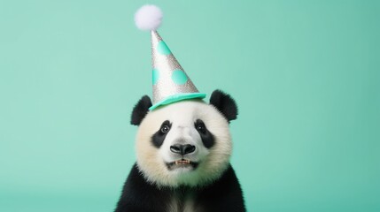 Wall Mural - imaginative animal idea. panda bear dressed for a party in a cone hat, choker, and bow tie, isolated