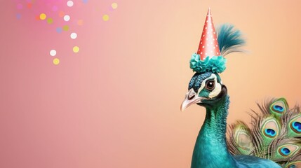 Wall Mural - imaginative animal idea. peacock bird isolated on a solid pastel backdrop with copy text space weari