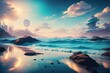 Futuristic landscape in blue tones, mechanical ships in the background, mountains and water, blue sky and white clouds. Generative AI.