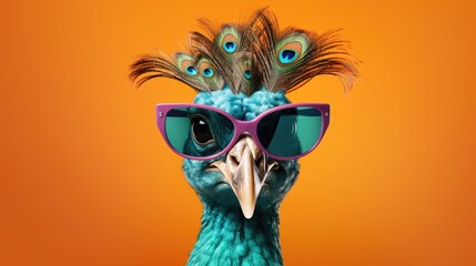 Wall Mural - imaginative animal idea. peacock bird wearing sunglasses, isolated on a solid pastel background, edi