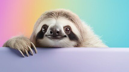 Wall Mural - imaginative animal idea. peering over a colorful, pastel background is a sloth. ads, banners, and ca