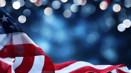 Poster - United States Flag Border Over Blue and Black Bokeh Lights Background With Copy Space For American Holidays