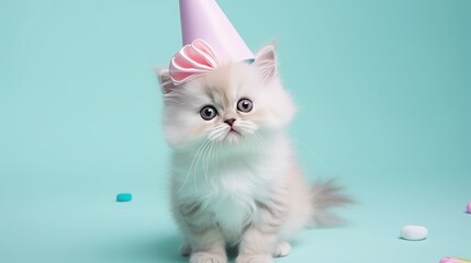 Wall Mural - imaginative animal idea. persian cat kitten dressed for a party in a cone hat, choker, and bow tie, 