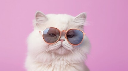 Wall Mural - imaginative animal idea. persian cat kitten kitty wearing sunglasses, isolated on a background of pl