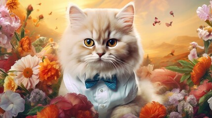 Wall Mural - imaginative animal idea. persian kitten dressed in a sharp suit, amid a fantastical garden full of b