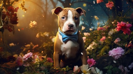 Wall Mural - imaginative animal idea. pitbull puppy dressed in a sharp suit, amid a fantastical garden full of bl