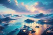 Futuristic landscape in blue tones, mechanical ships in the background, mountains and water, blue sky and white clouds. Generative AI.