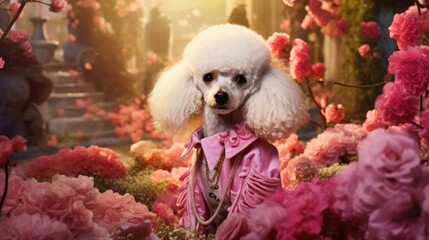 Wall Mural - imaginative animal idea. poodle puppy wearing a sharp outfit and standing in a fantastical garden se