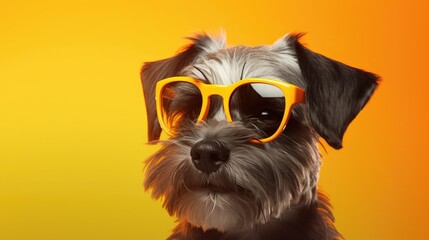 Wall Mural - imaginative animal idea. schnauzer puppy wearing sunglasses, isolated on a solid pastel background, 