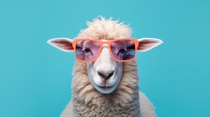 Wall Mural - imaginative animal idea. sheep lamb wearing sunglasses isolated on a solid pastel background, editor