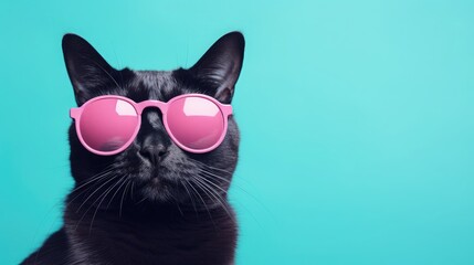 Wall Mural - imaginative animal idea. surreal editorial advertisement with a black cat wearing sunglasses on a so