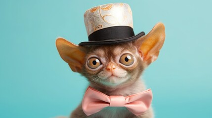 Wall Mural - imaginative animal idea. tarsier dressed for a party in a cone hat, choker, and bow tie, isolated on