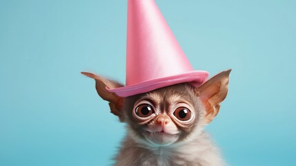 Wall Mural - imaginative animal idea. tarsier dressed for a party in a cone hat, choker, and bow tie, isolated on