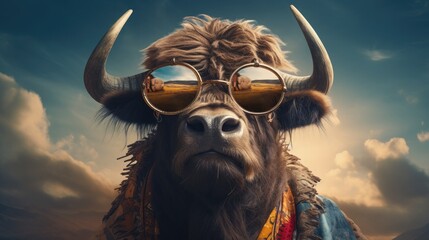 Wall Mural - imaginative animal idea. the image of a buffalo wearing sunglasses is strange. it is from a commerci