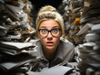 A businesswoman who is an accountant, blonde in glasses buried in paperwork, office chaos theme. Generative AI