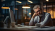 Senior businessman with stress headache in evening office. Corporate fatigue concept. Generative AI