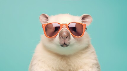 Wall Mural - imaginative animal idea. wombat in sunglasses with shaded lenses, isolated on a solid pastel backgro