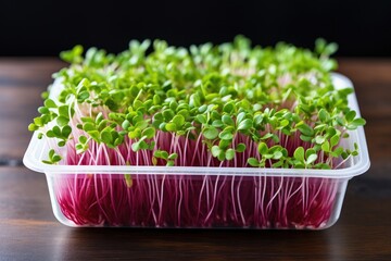 Wall Mural - Microgreens growing in transparent container close-up. Closeup photo of healthy eating, fresh Micro greens, superfood stand on table. Macro Business of growing Eco plants and products.