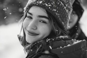 Poster - A woman wearing a winter coat and hat smiles at the camera. Perfect for winter fashion or outdoor activities