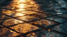 A Close Up View Of A Wet Sidewalk At Night. Perfect For Urban And Rainy Cityscape Themes