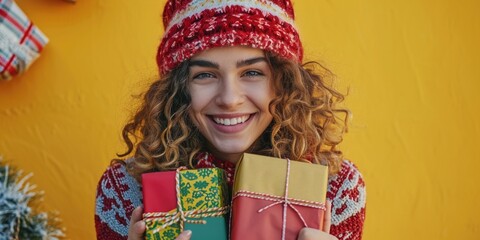 Canvas Print - A woman is seen wearing a red and white hat while holding two beautifully wrapped presents. This image can be used to depict the excitement and joy of gift-giving during special occasions