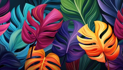 Wall Mural - monstera leaves illustration colorful, background