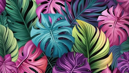 Wall Mural - monstera leaves illustration colorful, background