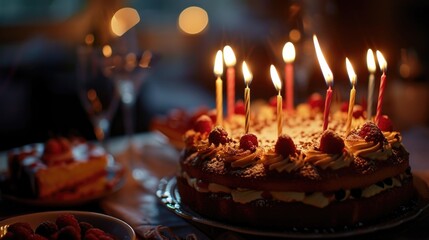 Canvas Print - A birthday cake with lit candles, perfect for celebrating a special occasion. Can be used for birthday party invitations or to capture the excitement of blowing out candles