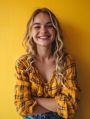 Wall Mural - Happy pretty blonde young woman, cute smiling girl looking at camera standing isolated on yellow background. generative AI