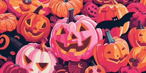 Wall Mural - A large group of Halloween pumpkins with bats. Perfect for Halloween-themed designs and decorations