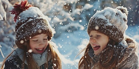 Canvas Print - Two little girls enjoying a fun and playful moment in the snow. Perfect for winter-themed projects and family-related content