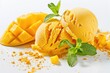 A delicious scoop of mango ice cream served alongside a juicy and ripe mango. Perfect for summertime desserts and tropical-themed menus