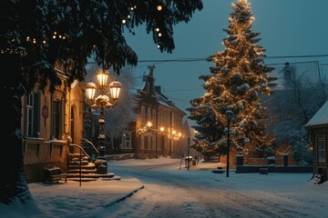 Canvas Print - A snowy street with a Christmas tree in the middle. Perfect for holiday-themed designs