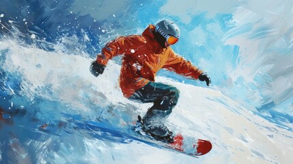 Canvas Print - A painting of a snowboarder gracefully making their way down a snow-covered mountain. This image can be used to depict the thrill and excitement of winter sports