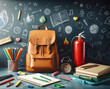 Back to School Concept, stationary with school bag on wooden table