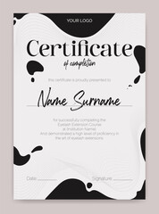 Black and white certificate template with a modern flowing design. Perfect for beauty education, eyelash, or makeup artists. Elegant and abstract, ideal for awards or educational achievements. Not AI.