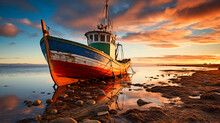Colorful Wooden Fishing Boat On The Beach On The Coastal Island.