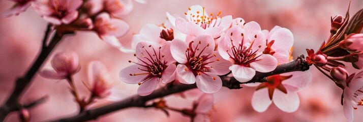 Wall Mural - Soft and delicate cherry blossoms are beautifully arranged on a soft pink background