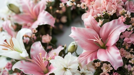 Wall Mural - A beautiful floral wreath is decorated with delicate pink flowers and delicate white flowers