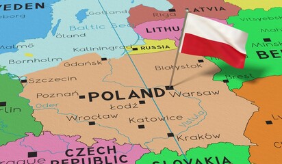  Poland, Warsaw - national flag pinned on political map - 3D illustration