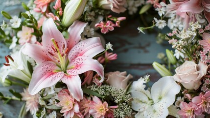 Wall Mural - A beautiful floral wreath is decorated with delicate pink flowers and delicate white flowers