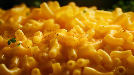 Wall Mural - American mac and cheese, macaroni pasta in cheesy sauce detail close up 