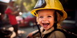 child smiling in fireman's helmet , Generative AI