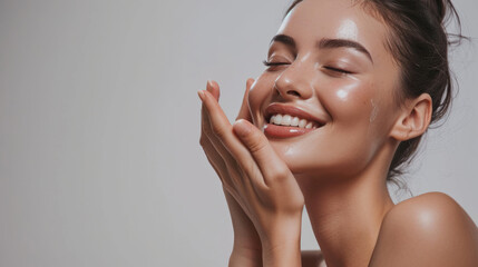 skincare. woman with beautiful face touching healthy facial skin. woman smiling while touching her f