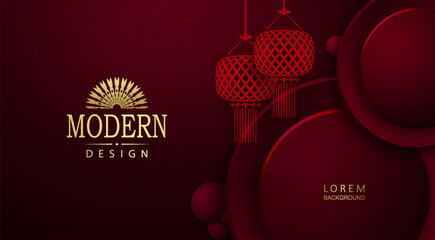 Wall Mural - Chinese New Year, texture red illustration with round frame and red lanterns.